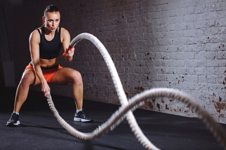 Photo femme athlétique faisant des exercices de corde de bataille au gymnase