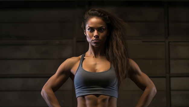 Une femme athlétique avec une forte constitution dans un haut de sport contre un mur sombre Le concept de force et de santé