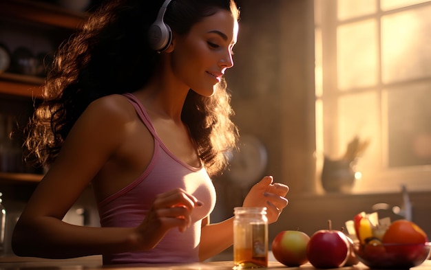 Une femme athlétique prépare un smoothie avec des légumes et des fruits, écoute de la musique.