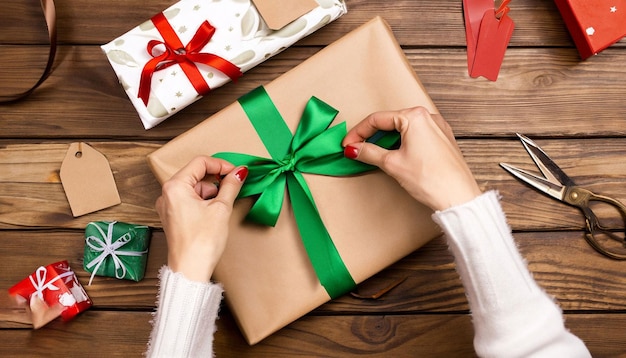 Une femme attachant un ruban vert sur un cadeau de Noël.