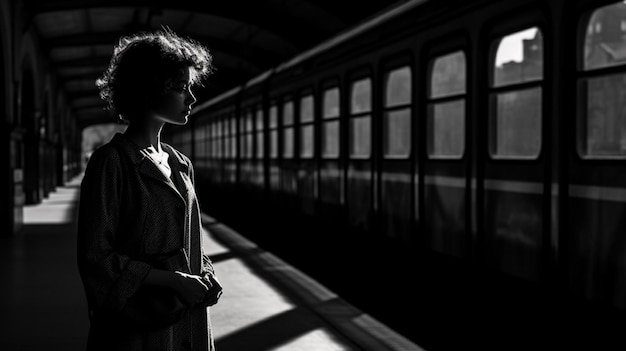 femme, attente, train, vue frontale