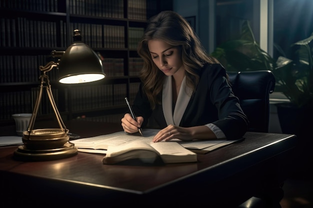 Une femme attrayante, avocate en costume d'affaires, écrivant un article de droit dans un bureau de livres.