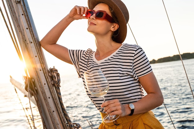 Une femme attrayante buvant du vin et se relaxant sur un voilier pendant la navigation en mer