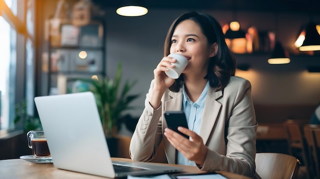 Une femme attrayante, employée de bureau, assise dans un café avec un ordinateur portable, buvant du café et tenant un smartphone.