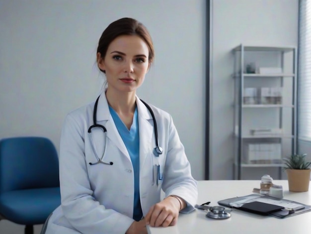 Une femme attrayante, médecin, porte un uniforme bleu, un manteau médical blanc, un stéthoscope, est assise à l'hôpital.