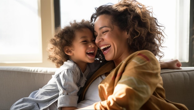 Photo une femme attrayante et une petite fille assis sur un canapé confortable à la maison une jeune mère parlant