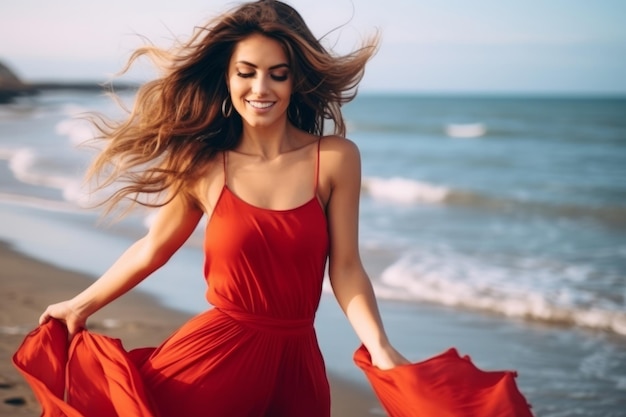 Une femme attrayante en robe rouge dansant sur la plage.