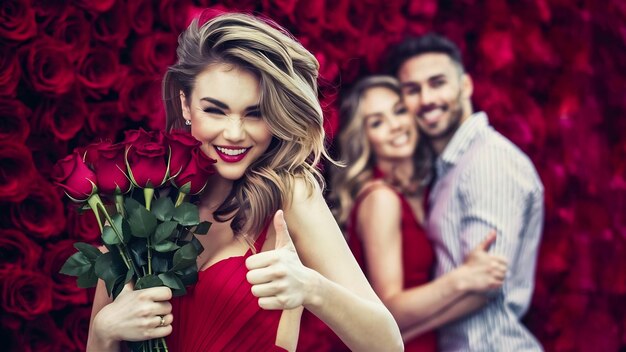 Une femme attrayante avec des roses rouges clignant des yeux et montrant un pouce en étreignant son petit ami