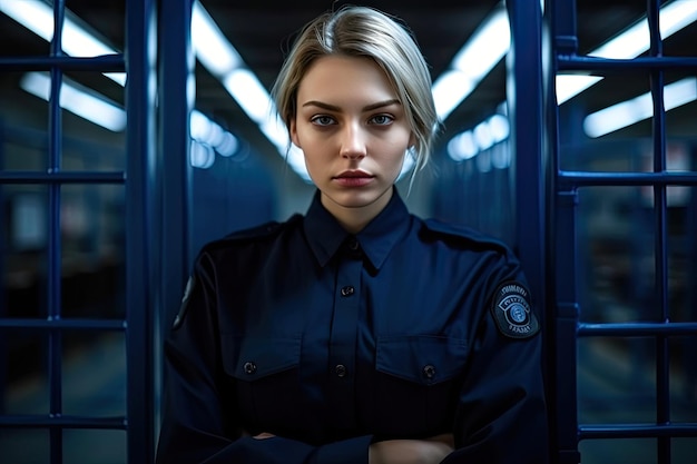 Une femme attrayante en uniforme patrouille dans une cellule du pénitencier.