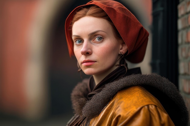 Une femme au bonnet rouge se tient devant un mur de briques.