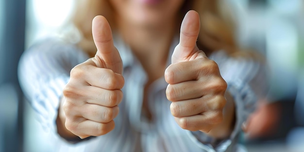 Femme au bureau donnant le pouce en l'air émettant de la confiance et des vibrations de succès Concept Succès Pouce en L'air Confidence Office Setting Femme professionnelle