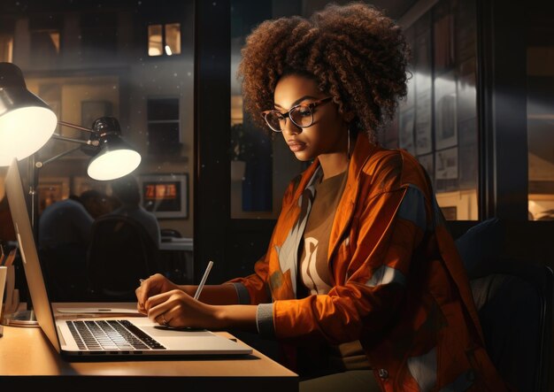 Une femme au bureau avec un ordinateur portable