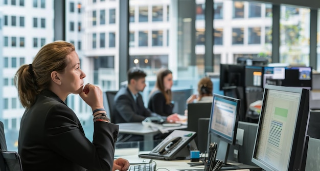 Une femme au bureau avec un ordinateur