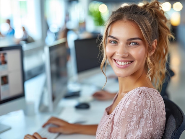 Une femme au bureau avec un ordinateur