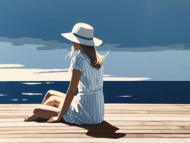 Une femme au chapeau blanc est assise sur un quai avec l'eau en arrière-plan.