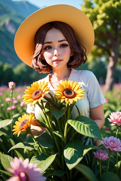 Une femme au chapeau et un champ de tournesols