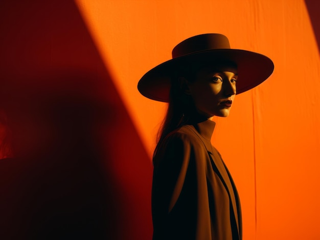 une femme au chapeau debout devant un mur orange