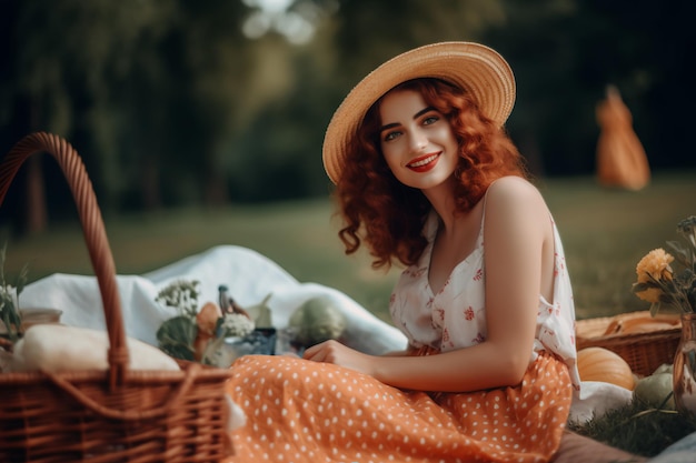 Une femme au chapeau est assise dans un parc avec un panier plein de nourriture.