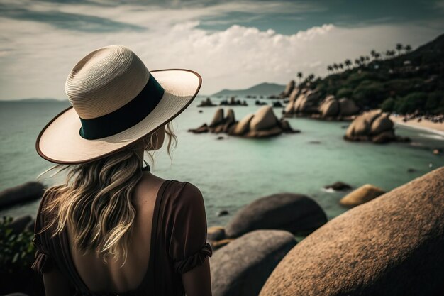 Photo femme au chapeau face à la mer