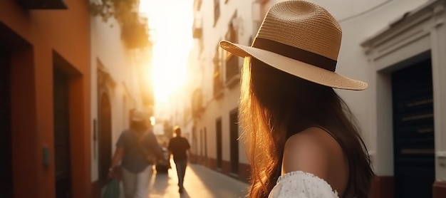 Une femme au chapeau marche dans une rue de barcelone