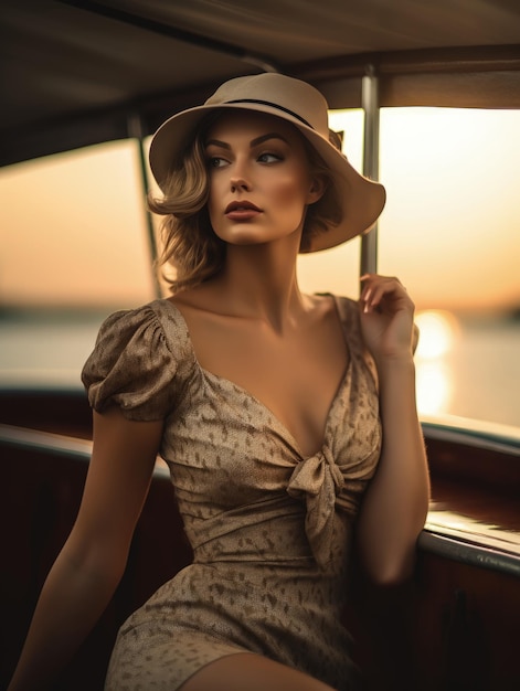 Une femme au chapeau pose sur un bateau