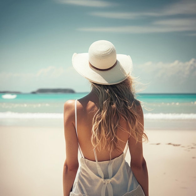 Photo une femme au chapeau regardant la mer générative ai