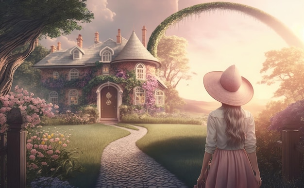 Photo une femme au chapeau rose se tient devant un château