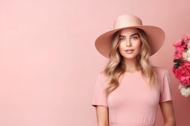 Une femme au chapeau rose se tient devant un fond rose