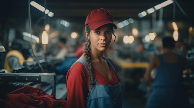 Une femme au chapeau rouge et au tablier dans une usine