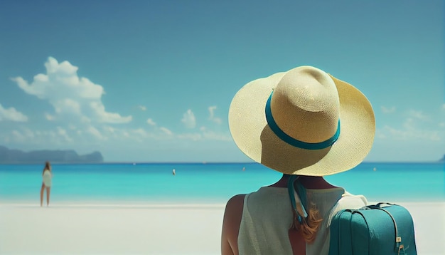 Une femme au chapeau se dresse sur une plage face à la mer.