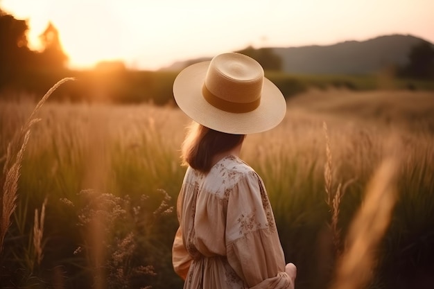 Une femme au chapeau se tient dans un champ de blé au coucher du soleil.