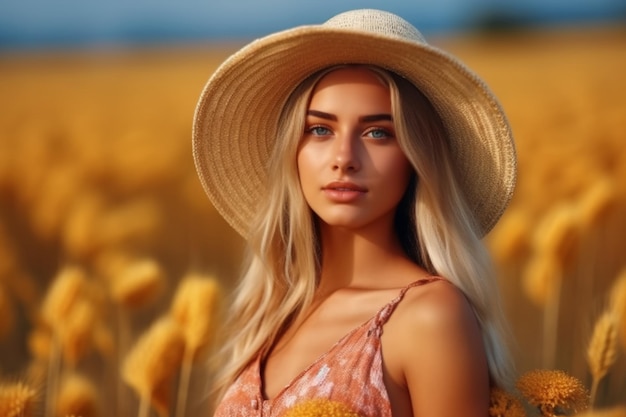 Une femme au chapeau se tient dans un champ de fleurs.