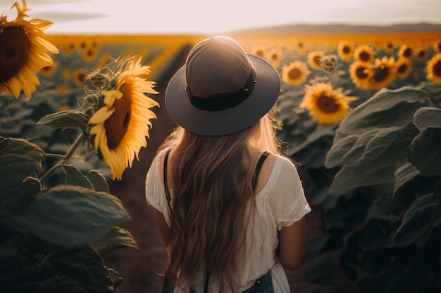 Une femme au chapeau se tient dans un champ de tournesols.