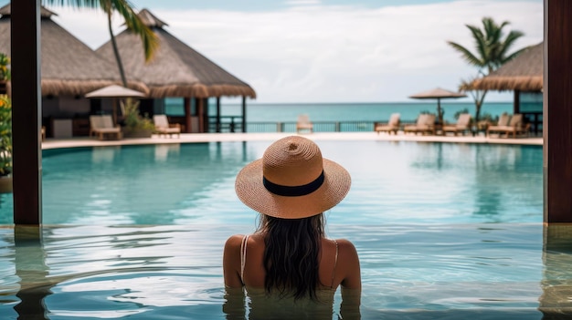 Une femme au chapeau se tient dans la piscine d'un complexe avec vue sur la plage.