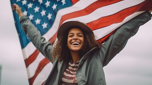 Une femme au chapeau se tient devant un drapeau américain