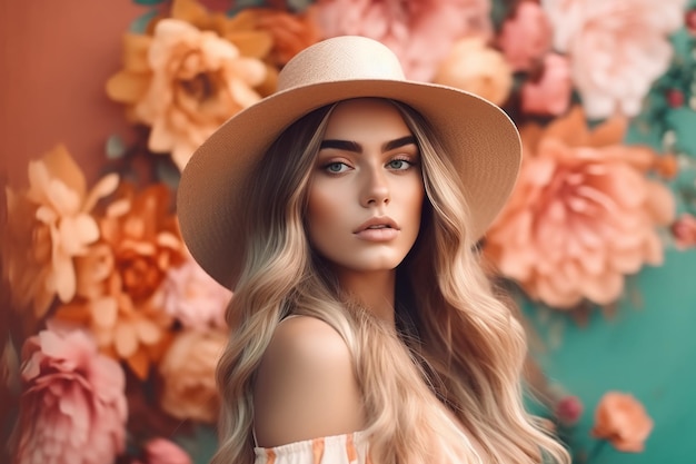 Une femme au chapeau se tient devant un fond de fleurs