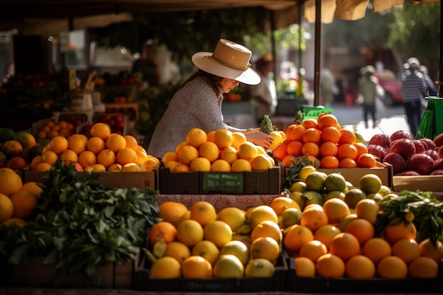 Une femme au chapeau se tient devant un stand de fruits.