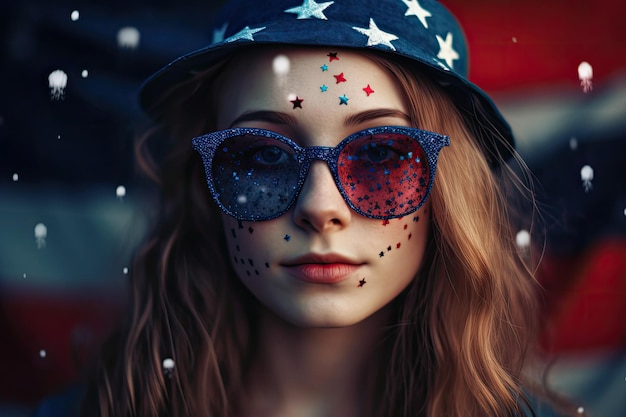 Femme au chapeau avec des symboles américains Belle fille célébrant la fête traditionnelle nationale des États-Unis