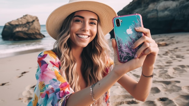 Une femme au chapeau tient un téléphone avec le mot iphone dessus.