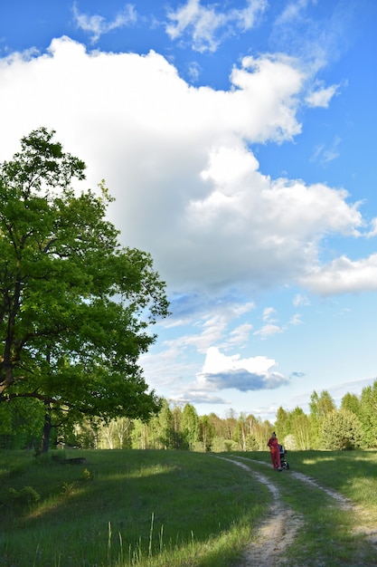 Femme au coucher du soleil chaud dans la forêt verte d'été