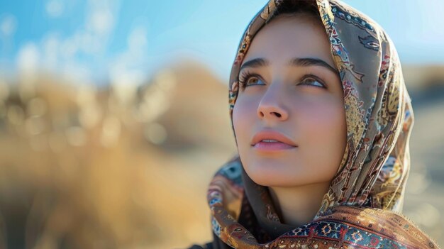 Une femme au foulard regarde le ciel