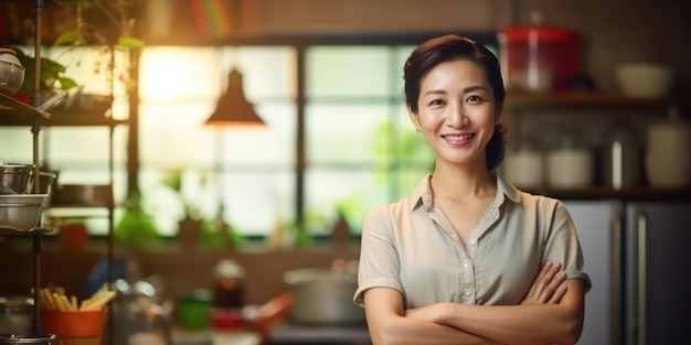 Femme au foyer asiatique souriante à la maison