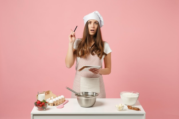 Femme au foyer chef cuisinier confiseur ou boulanger en tablier blanc t-shirt toque chapeau de chef invente et écrit une nouvelle recette dans un cahier isolé sur fond pastel rose en studio. Maquette du concept de nourriture de l'espace de copie