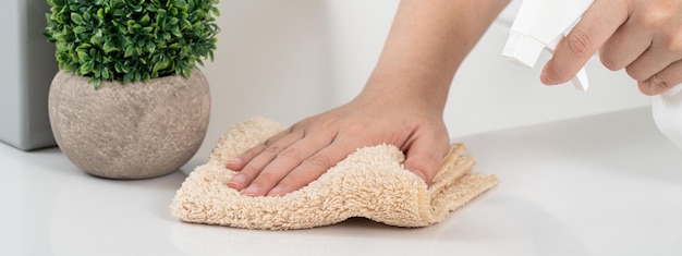 Une femme au foyer fait le ménage de printemps dans la cuisine de la maison en utilisant un nettoyant pour bouteille de pulvérisation de chiffon pour essuyer la surface de la table de comptoir