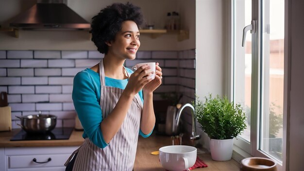Une femme au foyer heureuse et rêveuse portant un tablier buvant du thé et regardant par la fenêtre de sa cuisine.