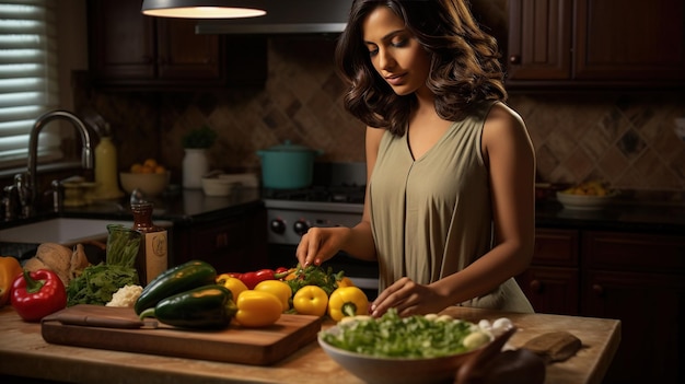 Une femme au foyer indienne d'origine sud-asiatique élégante dans une cuisine propre, une grâce domestique et une maîtrise culinaire.