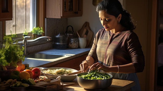 Une femme au foyer indienne d'origine sud-asiatique élégante dans une cuisine propre, une grâce domestique et une maîtrise culinaire.