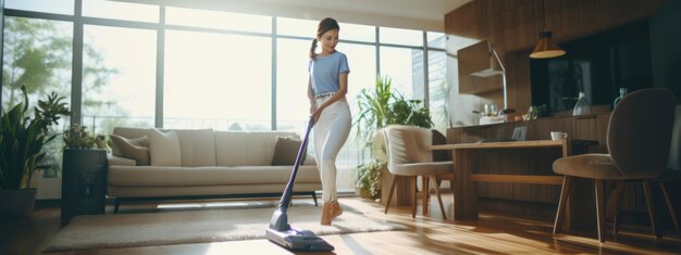 Une femme au foyer nettoie sa maison avec un aspirateur.