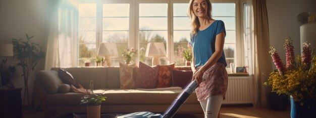 Une femme au foyer nettoie sa maison avec un aspirateur.