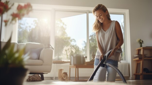 Une femme au foyer nettoie sa maison avec un aspirateur.